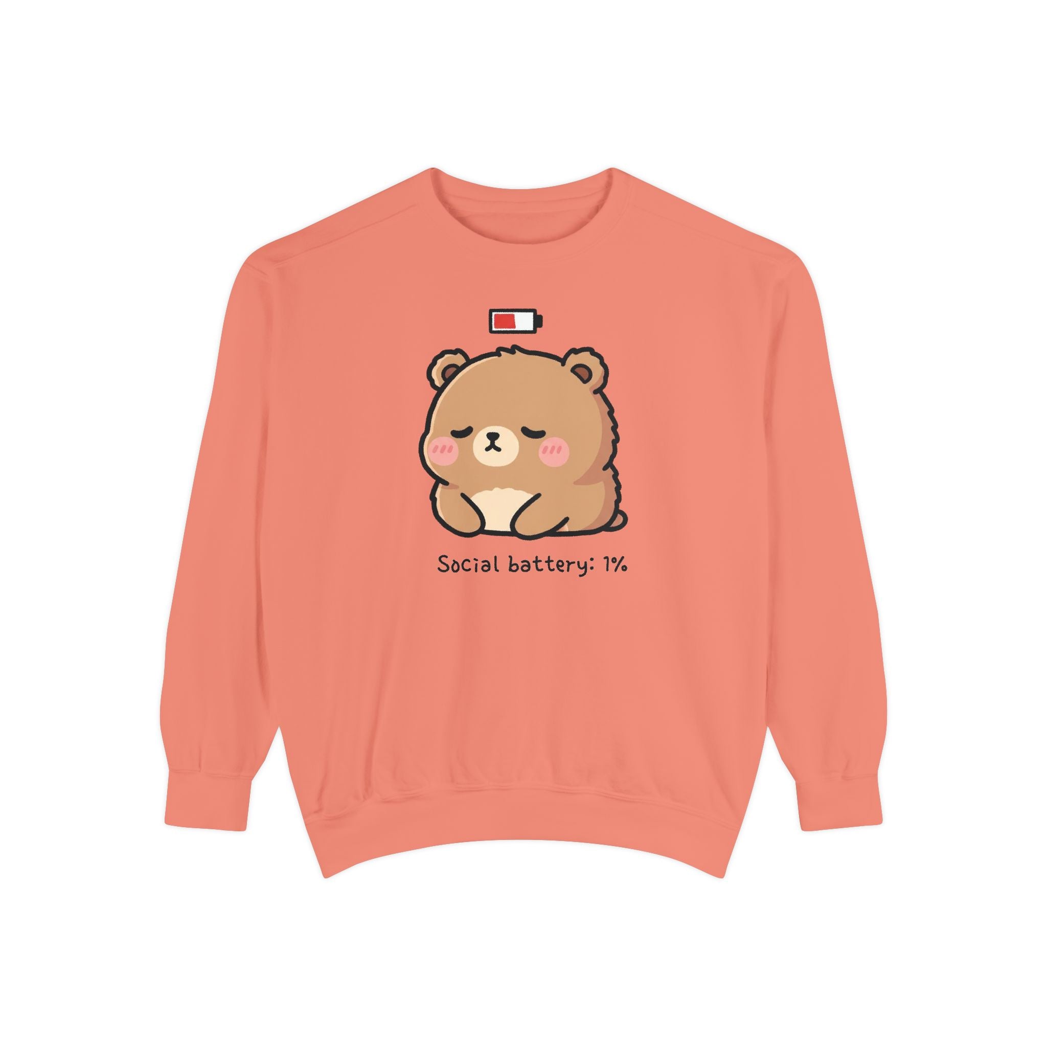 Exhausted Bear Cartoon Sweatshirt - "Social Battery: 1%" Comfy Unisex Apparel