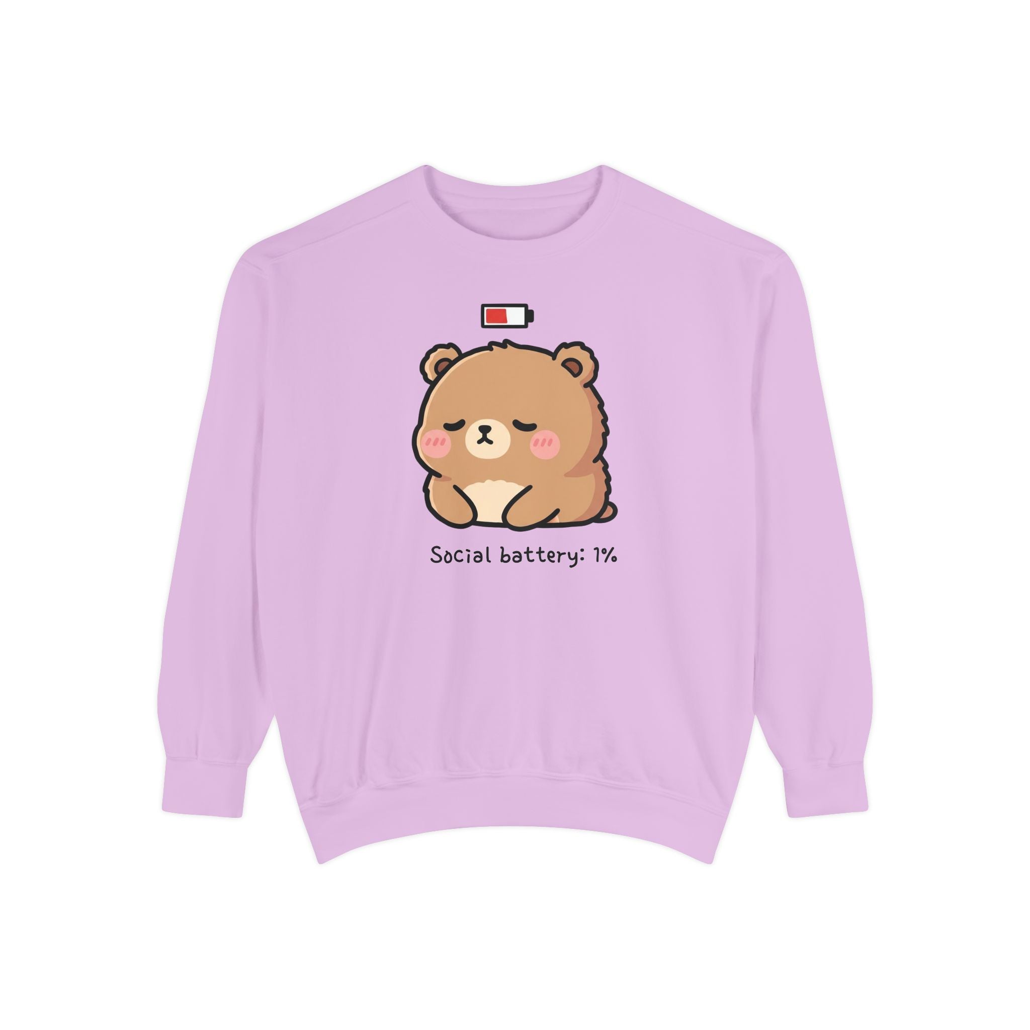 Exhausted Bear Cartoon Sweatshirt - "Social Battery: 1%" Comfy Unisex Apparel