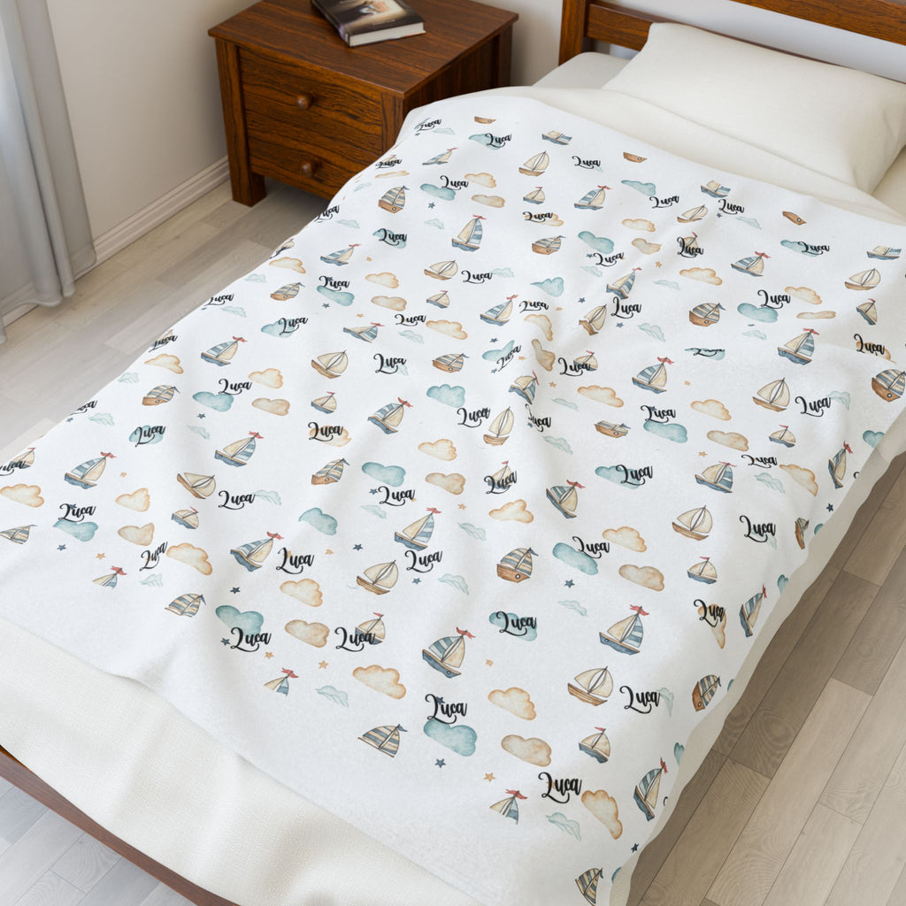 Personalized Sailboat Plush Blanket — Soft Nautical Baby Nursery Throw