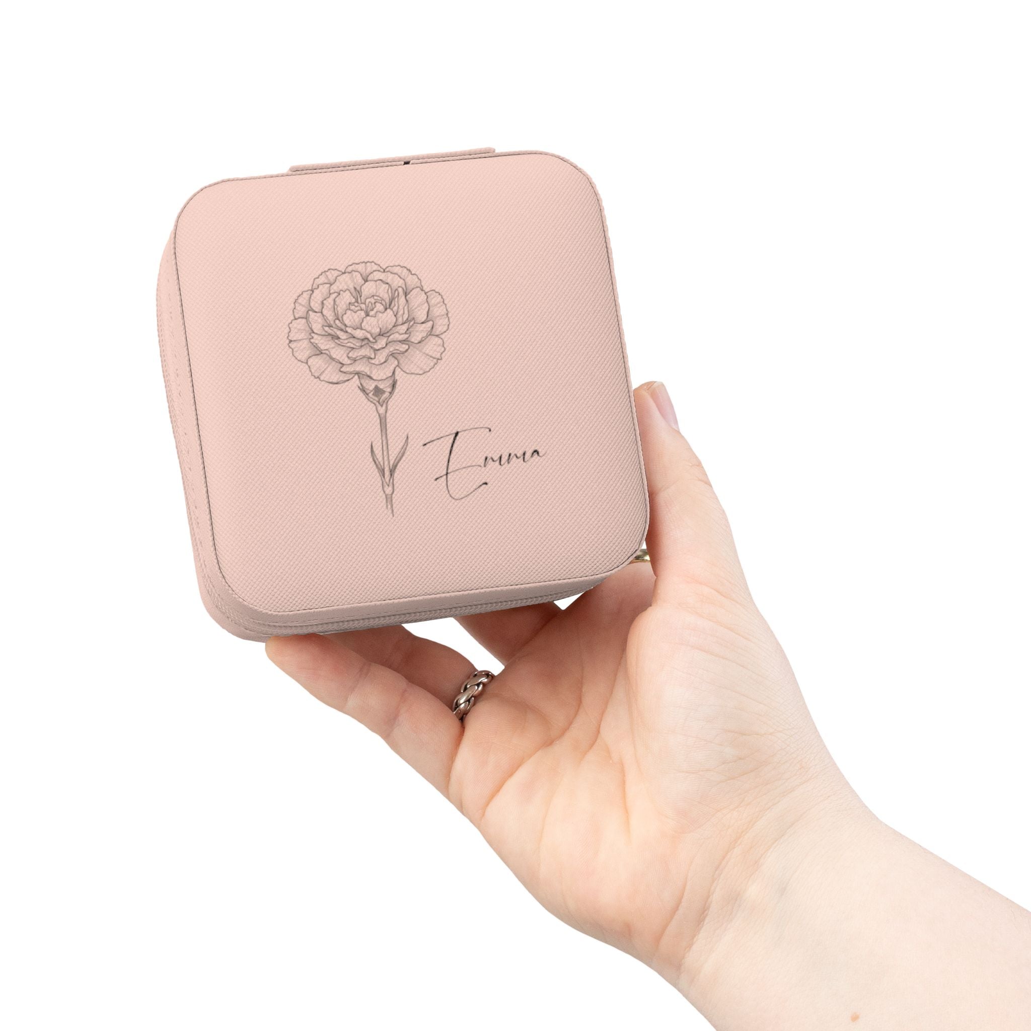 Personalized Jewelry Travel Organizer with Name & Birth Flower – Compact PU Leather Case for Rings & Necklaces