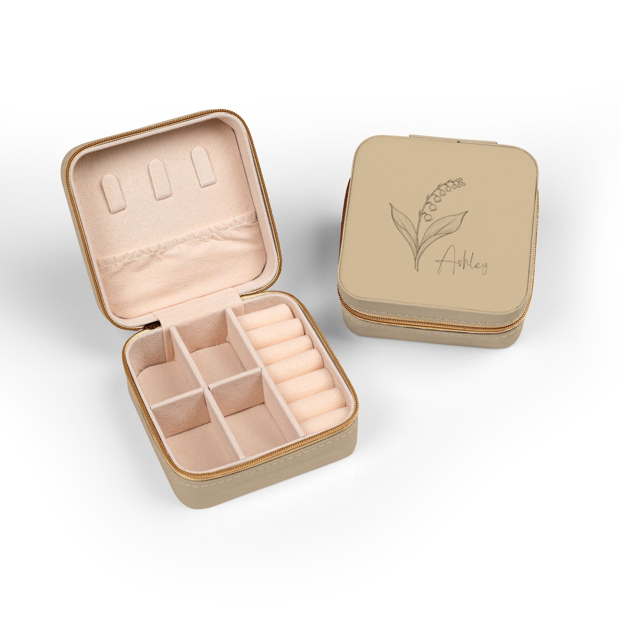 Custom Birth Flower Jewelry Travel Case – Personalized PU Leather Organizer for Rings, Necklaces & Earrings