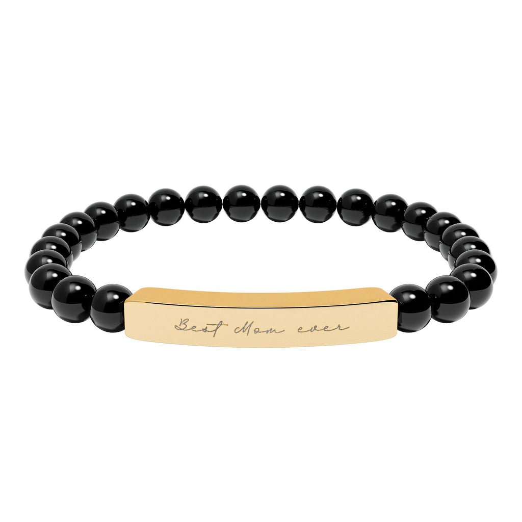 Best Mom Ever Bracelet – 18K Gold PVD Engraved Bar with Natural Stone Beads | Gift for Mom