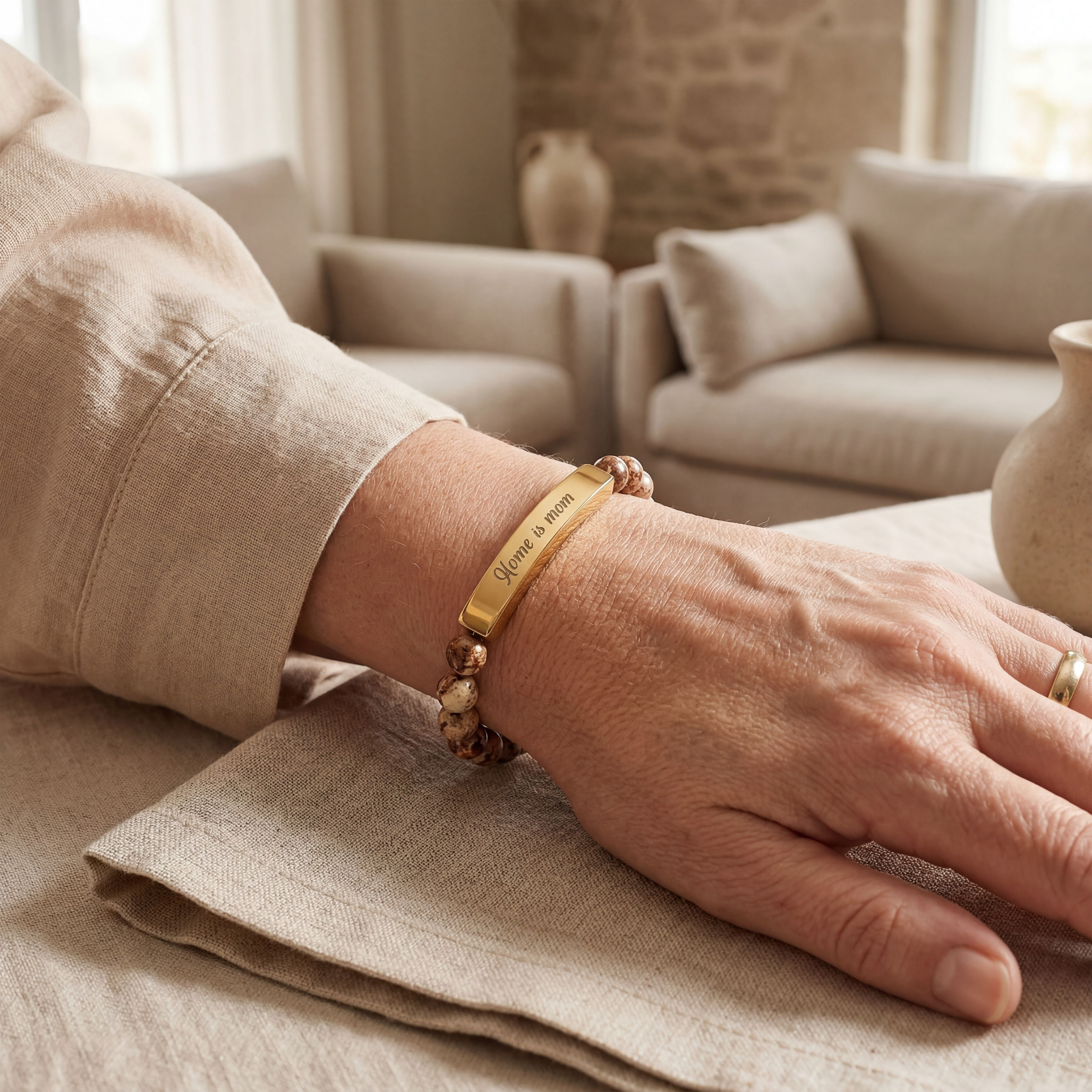 Home Is Mom Bracelet – 18K Gold PVD Engraved Bar with Natural Stone Beads | Meaningful Gift for Mom
