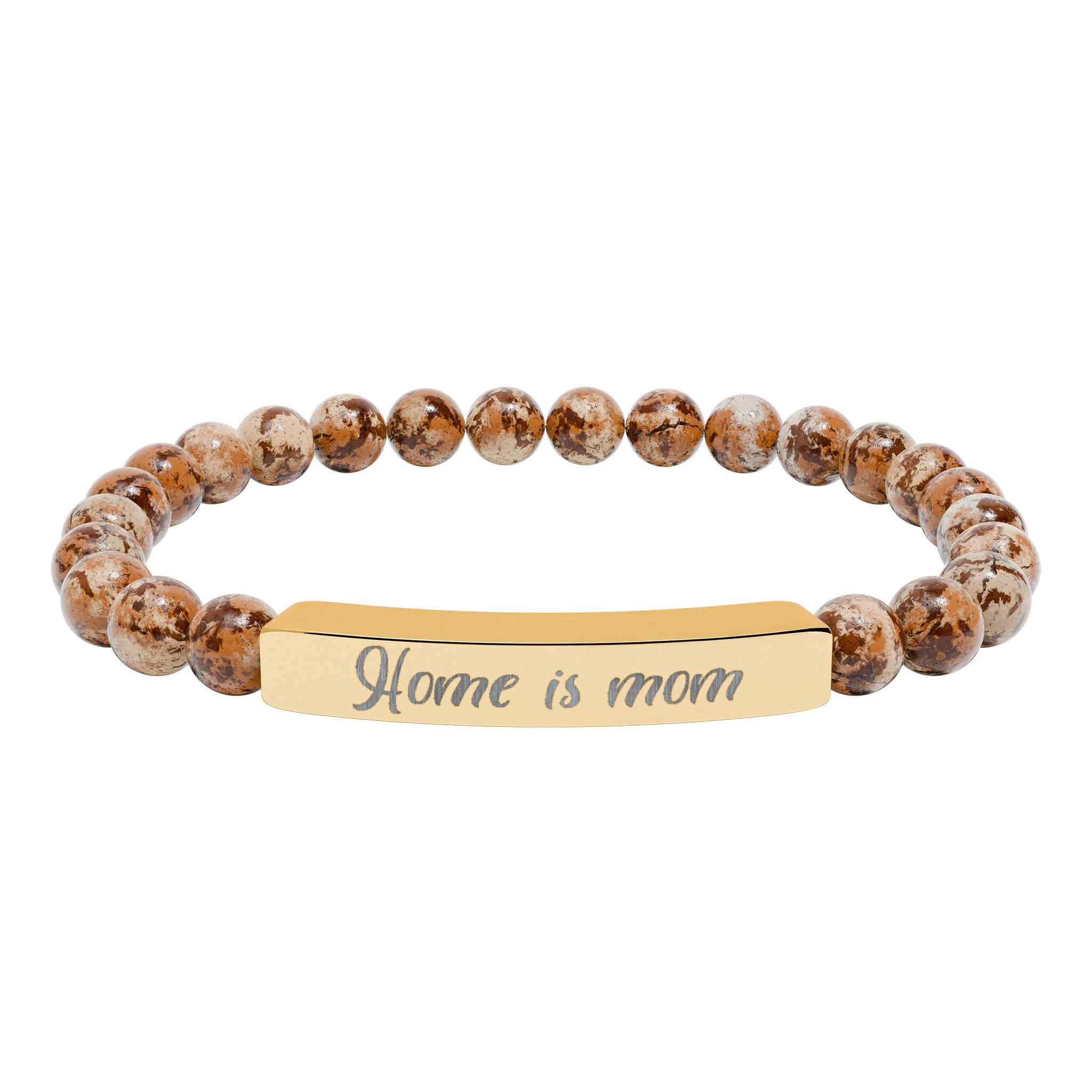 Home Is Mom Bracelet – 18K Gold PVD Engraved Bar with Natural Stone Beads | Meaningful Gift for Mom