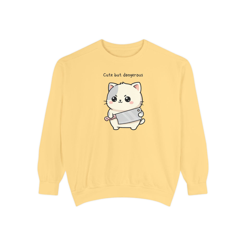 Cute Cat Sweatshirt – “Cute but Dangerous” Unisex Garment-Dyed Apparel
