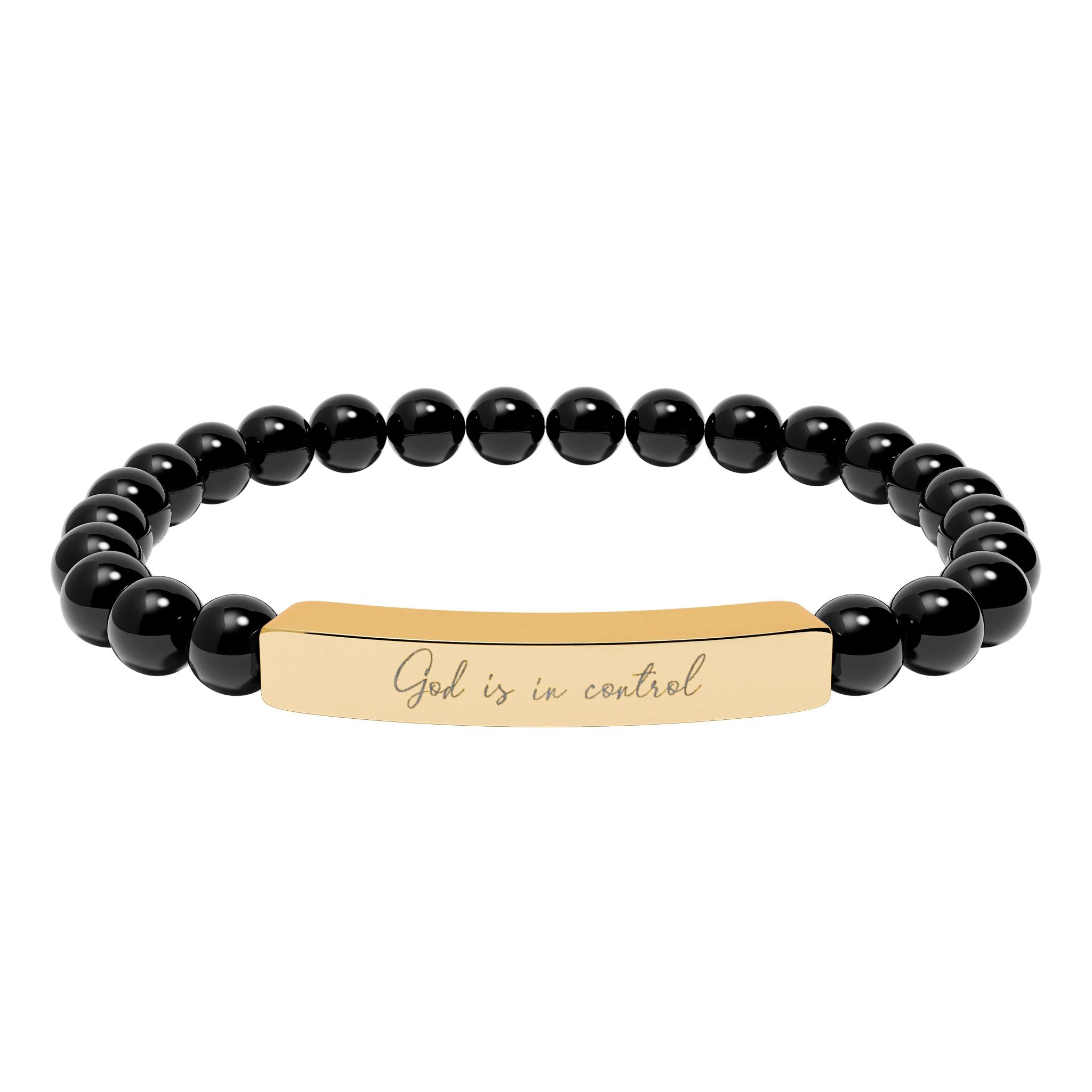 God Is in Control Bracelet – 18K Gold PVD Engraved Bar with Natural Stone Beads | Christian Gift for Women & Men