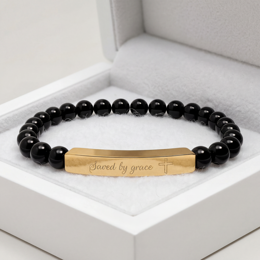 Saved by Grace Bracelet – 18K Gold PVD Engraved Bar with Natural Stone Beads | Christian Gift for Women & Men