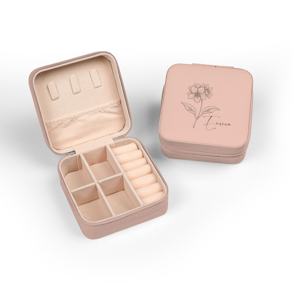 Custom Name Jewelry Travel Case – Birth Flower PU Leather Organizer for Rings, Earrings & Necklaces