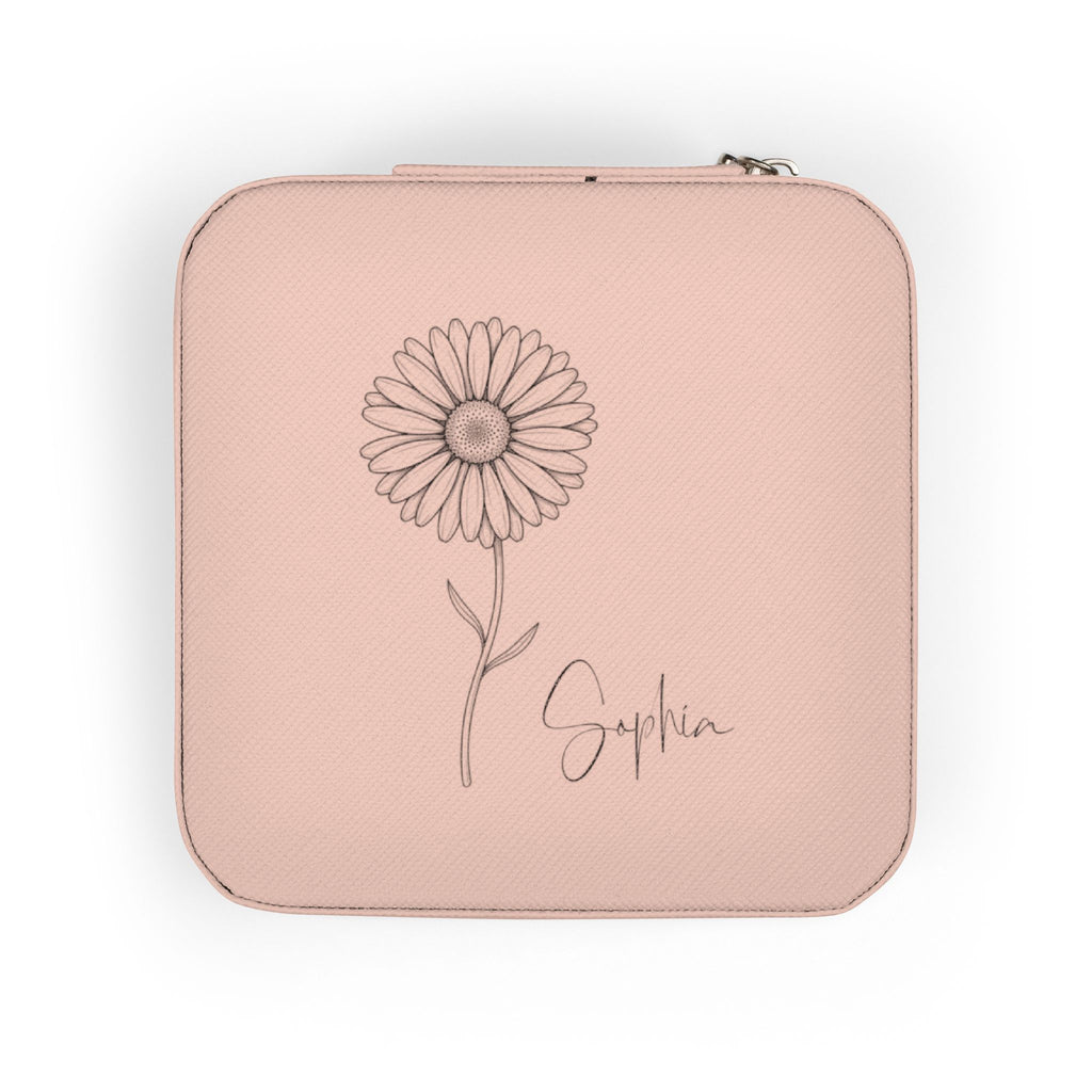 Personalized Birth Flower Jewelry Travel Case – Compact PU Leather Organizer for Rings, Necklaces & Earrings (Custom Name & Font)