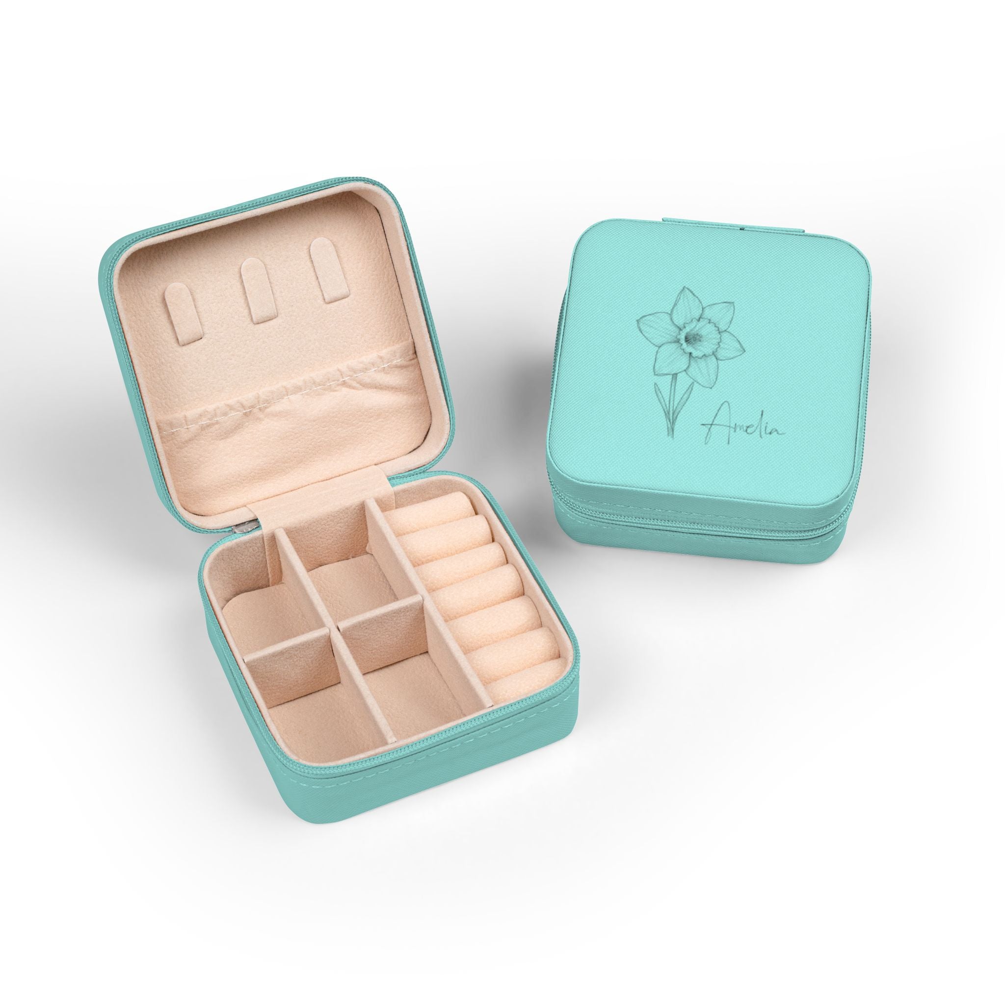 Travel Jewelry Case Personalized with Birth Flower & Name – Compact Organizer for Rings, Chains & Earrings