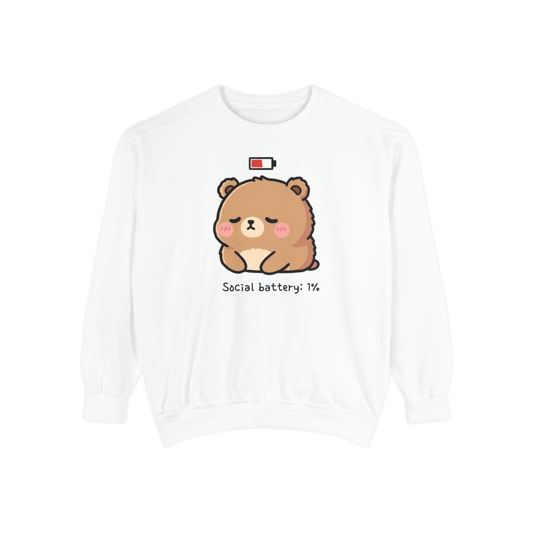Exhausted Bear Cartoon Sweatshirt - "Social Battery: 1%" Comfy Unisex Apparel