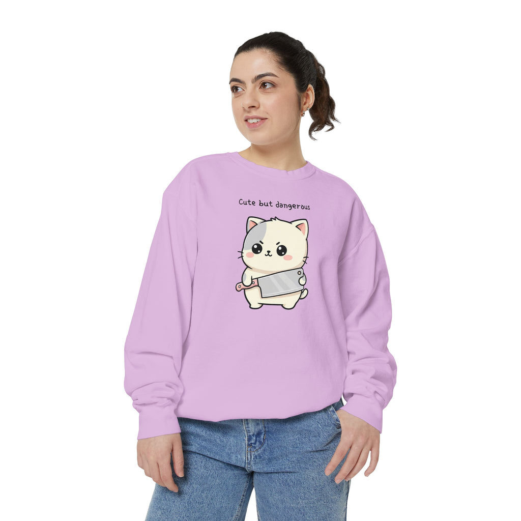 Cute Cat Sweatshirt – “Cute but Dangerous” Unisex Garment-Dyed Apparel