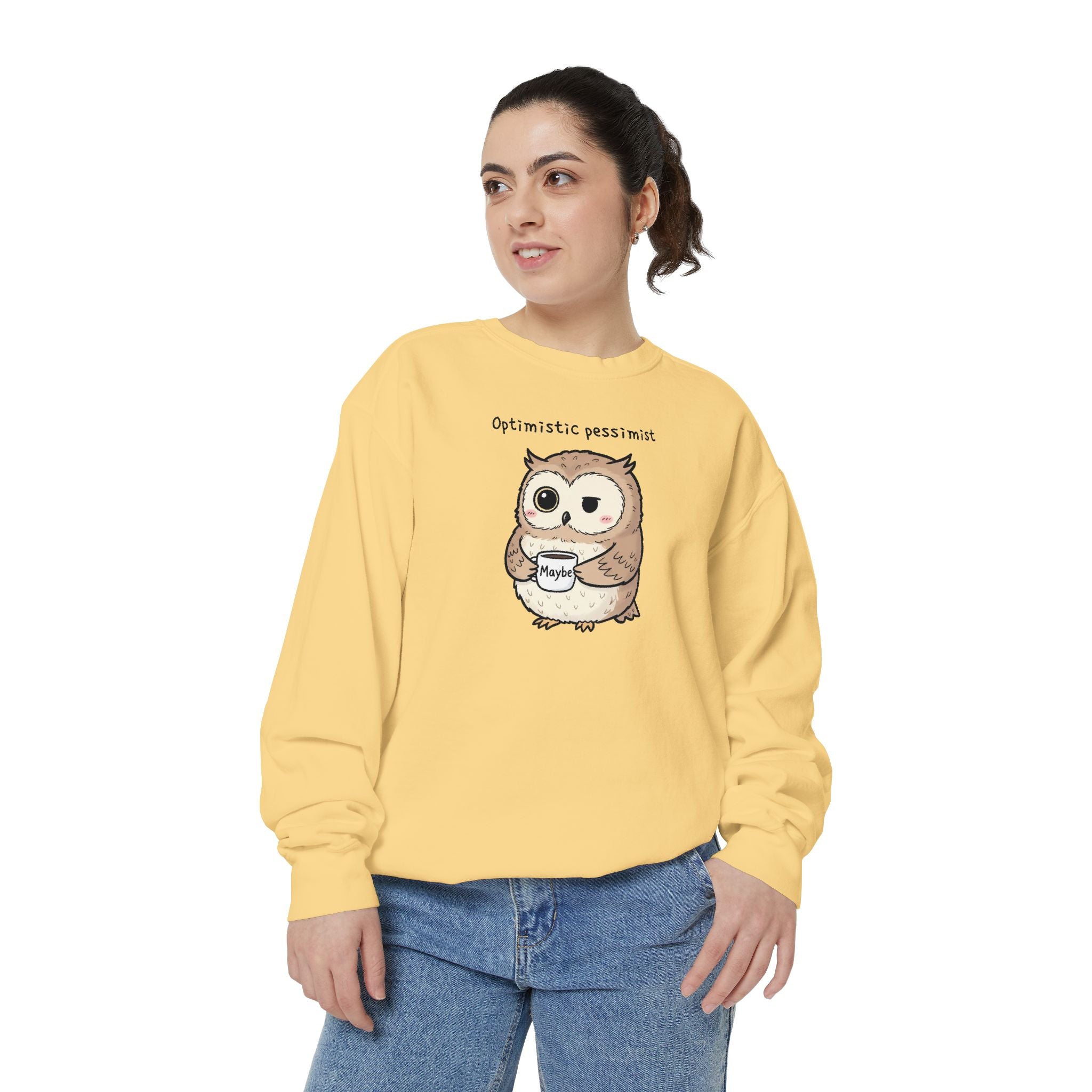 Doubtful Owl Sweatshirt – “Optimistic Pessimist (Maybe)” Unisex Garment-Dyed Apparel