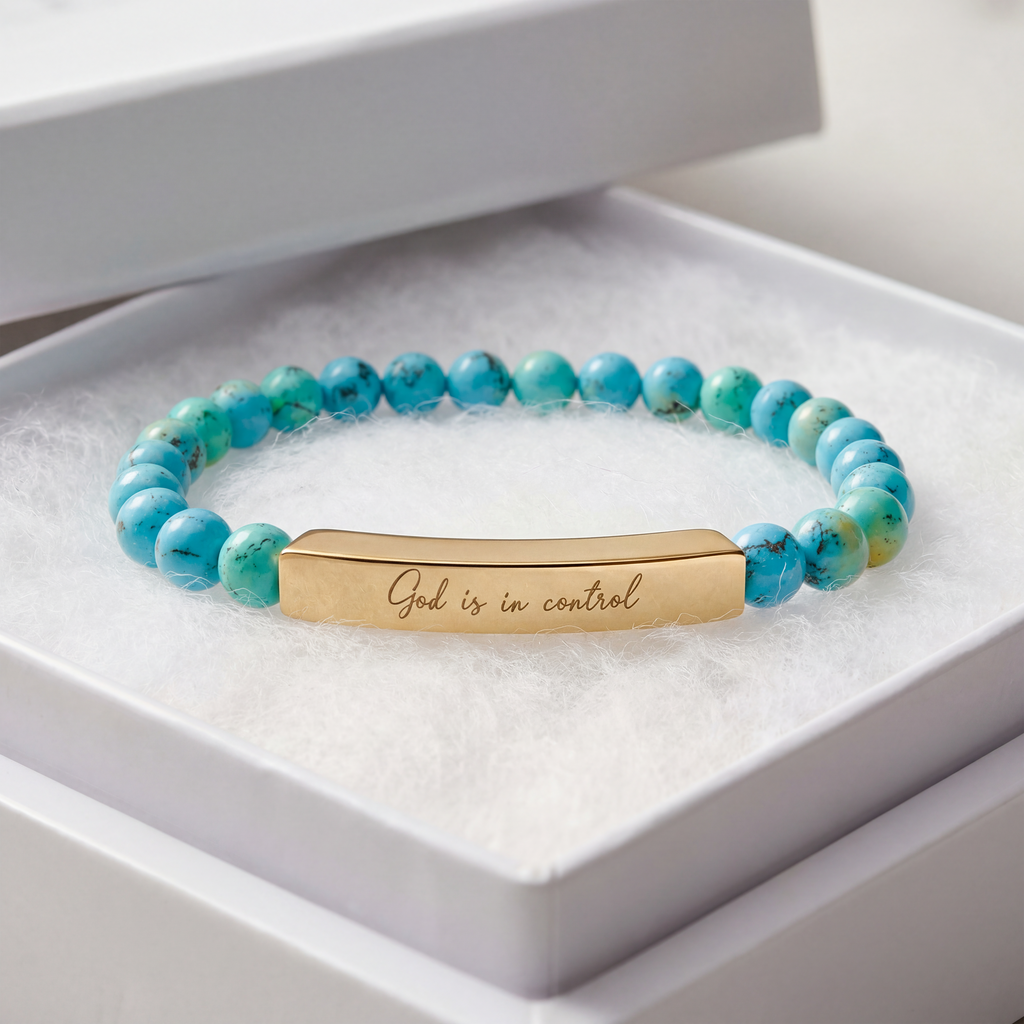 God Is in Control Bracelet – 18K Gold PVD Engraved Bar with Natural Stone Beads | Christian Gift for Women & Men