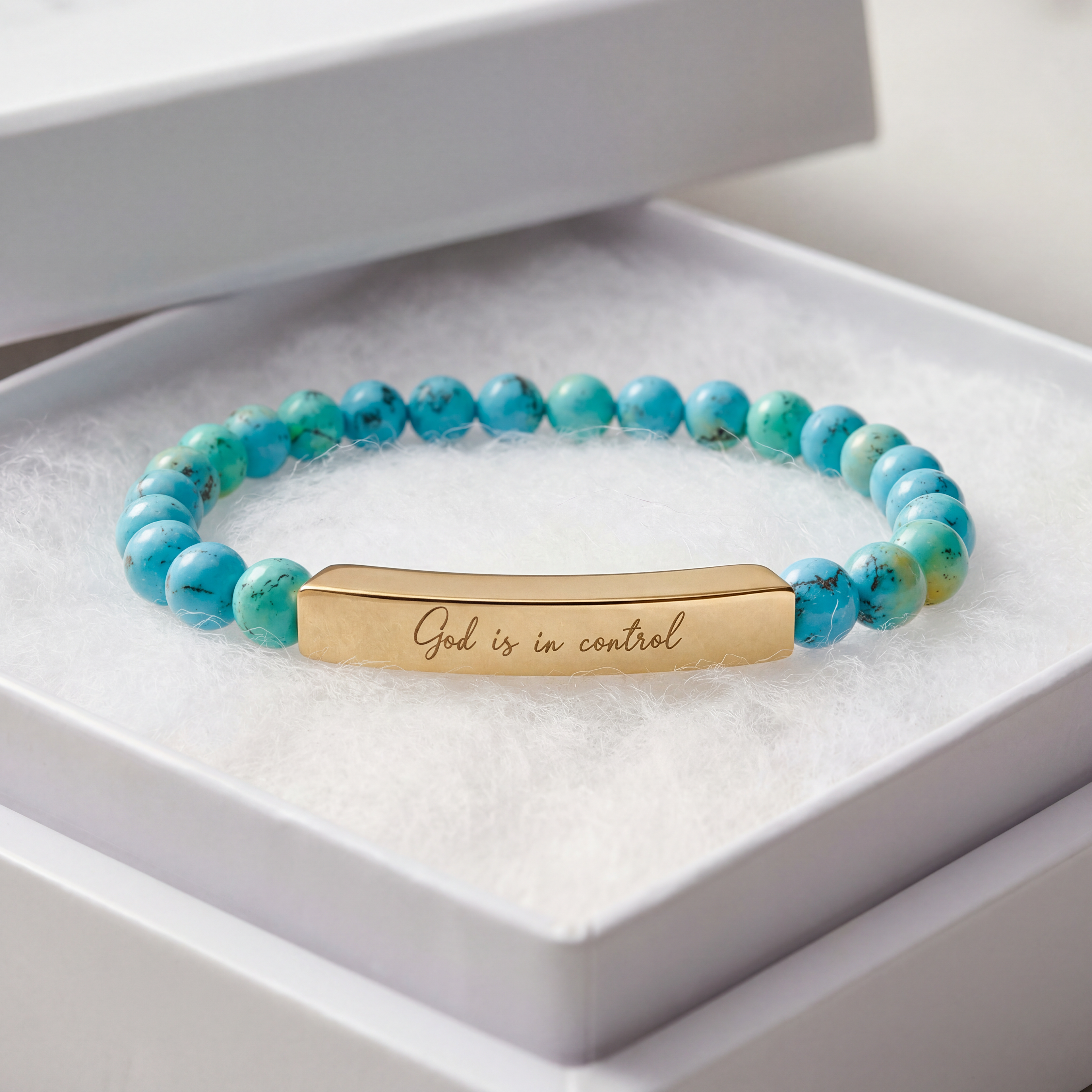 God Is in Control Bracelet – 18K Gold PVD Engraved Bar with Natural Stone Beads | Christian Gift for Women & Men