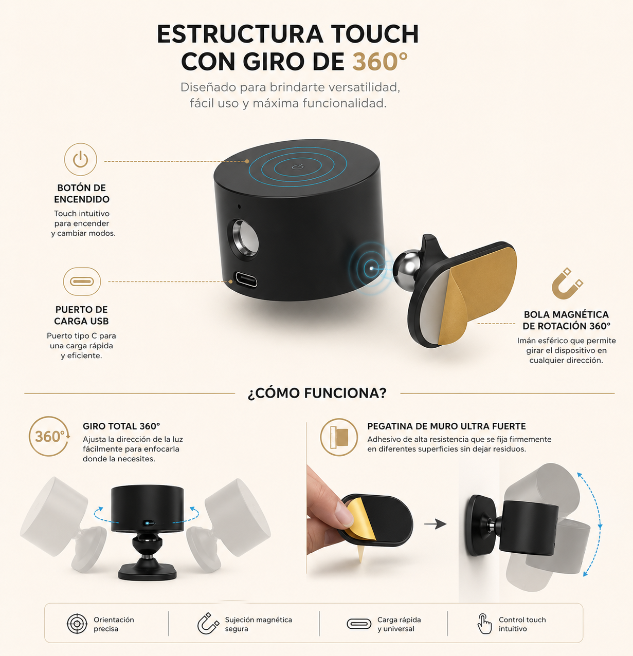Lampara De Pared Touch Recargable