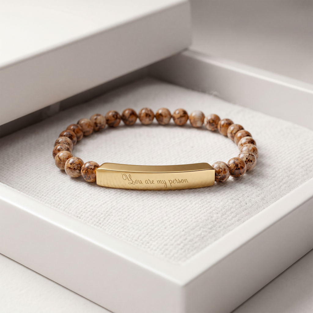 You Are My Person Bracelet – 18K Gold PVD Coated Stainless Steel Engraved Bar with Natural Stone Beads (Meaningful Gift for Her/Him)