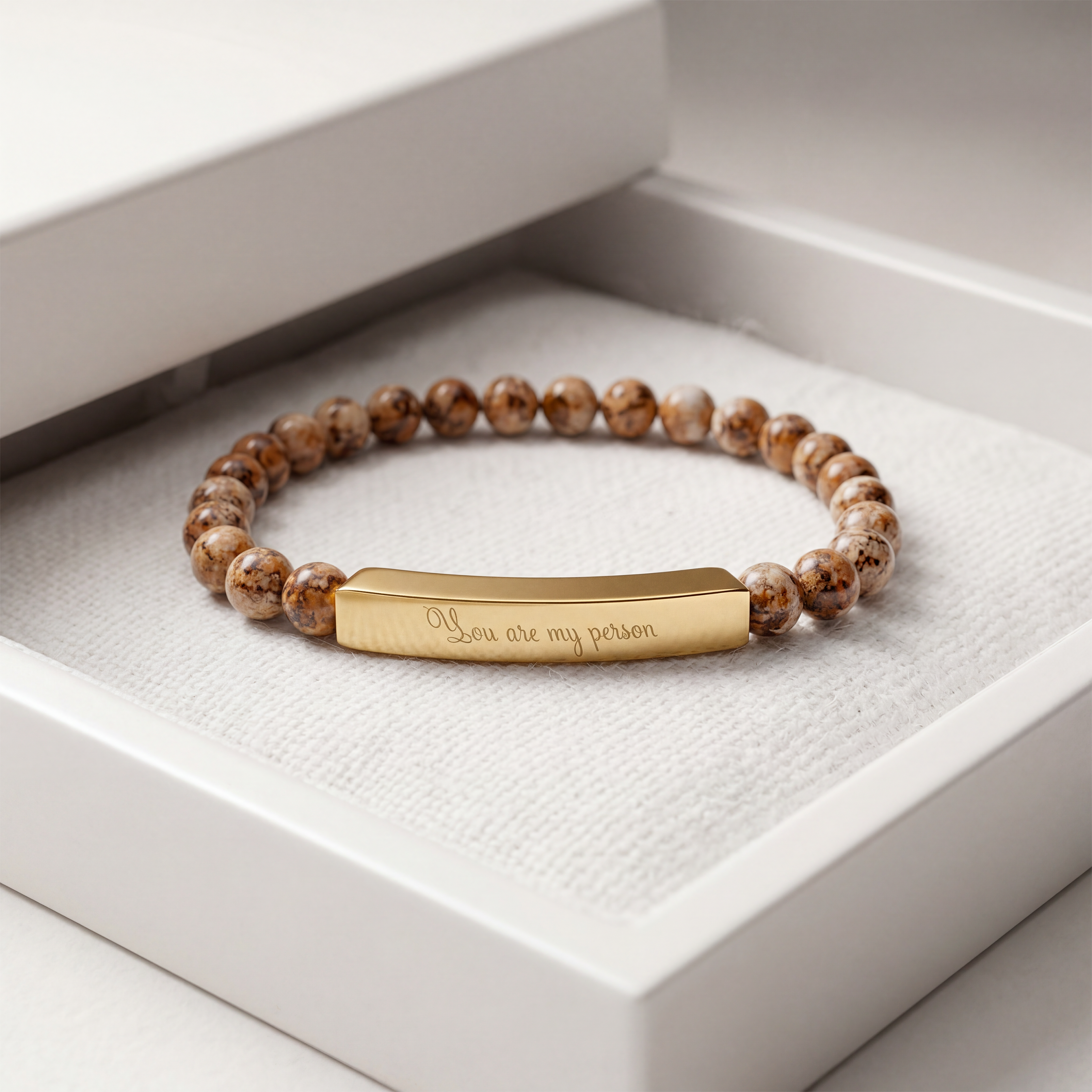 You Are My Person Bracelet – 18K Gold PVD Coated Stainless Steel Engraved Bar with Natural Stone Beads (Meaningful Gift for Her/Him)