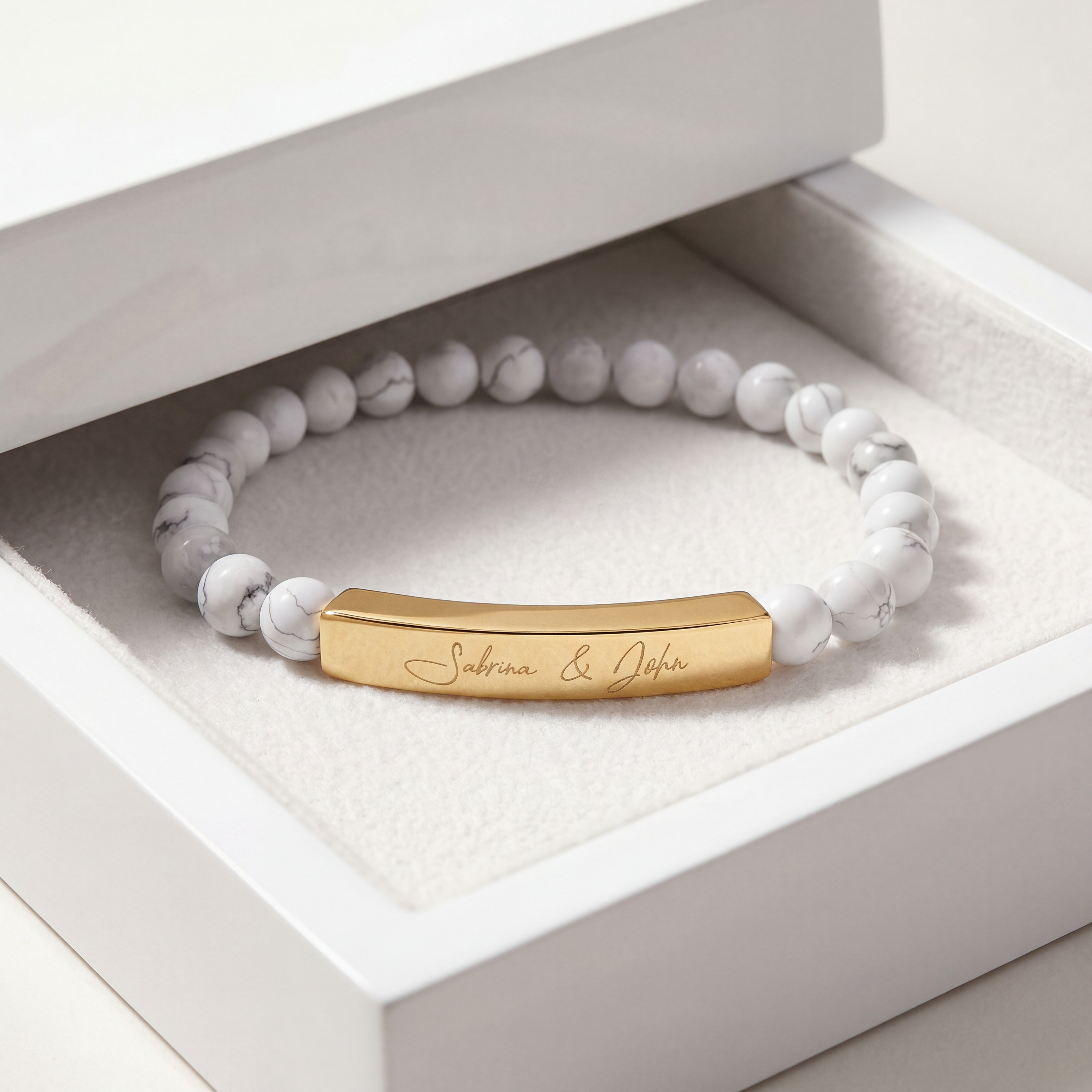 Personalized Name Bracelet for Women & Men – 18K Gold PVD Engraved Bar Bracelet with Natural Stone Beads | Custom Gift