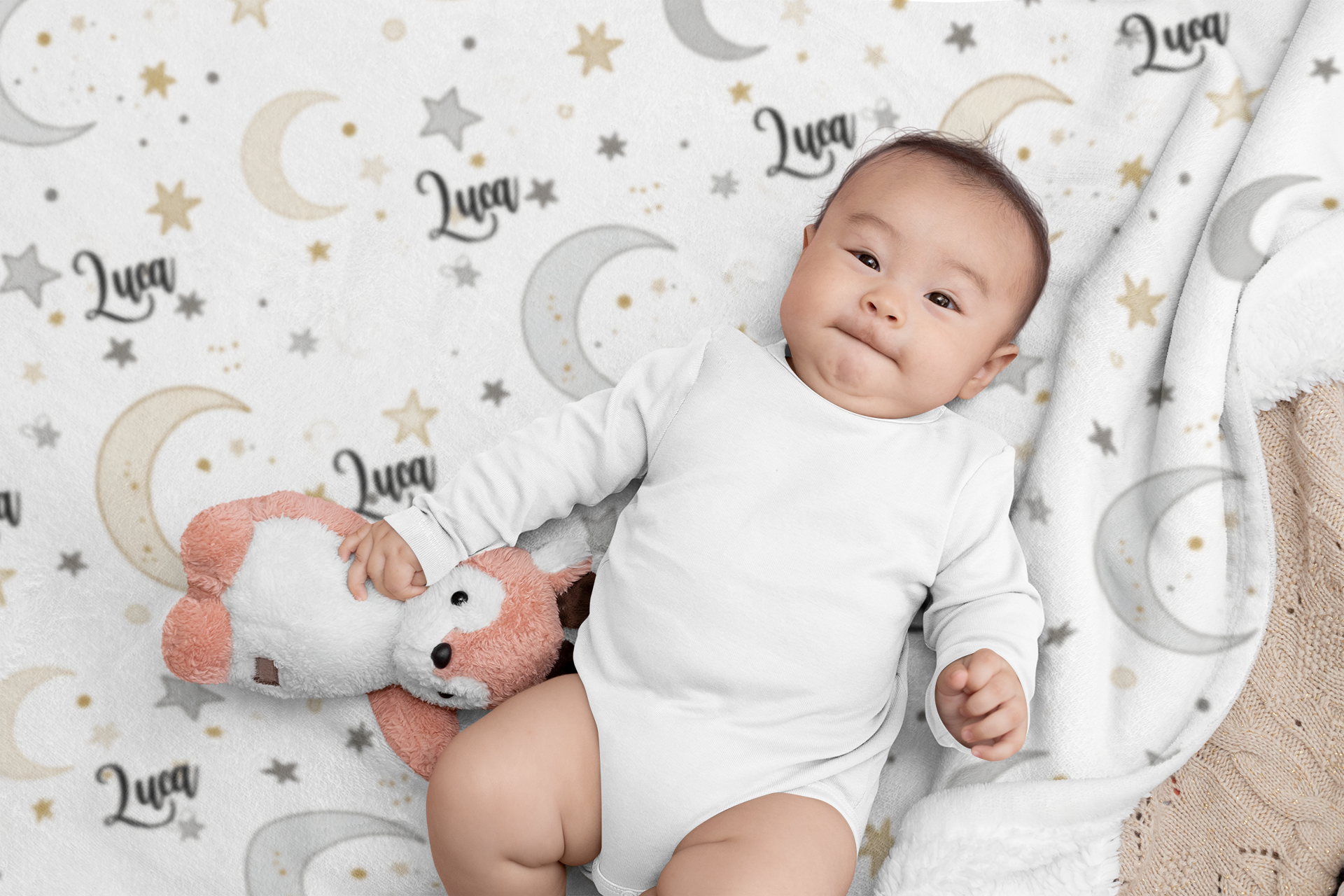 Personalized Moon & Stars Plush Blanket — Soft Velveteen Baby Nursery Throw