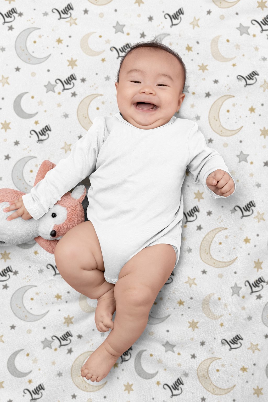 Personalized Moon & Stars Plush Blanket — Soft Velveteen Baby Nursery Throw